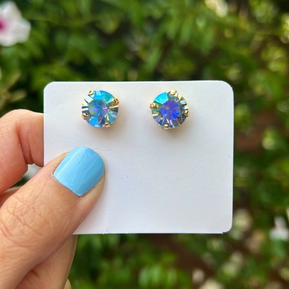 Iridescent Blue + Gold Crystal Earrings - Picture 5 of 16